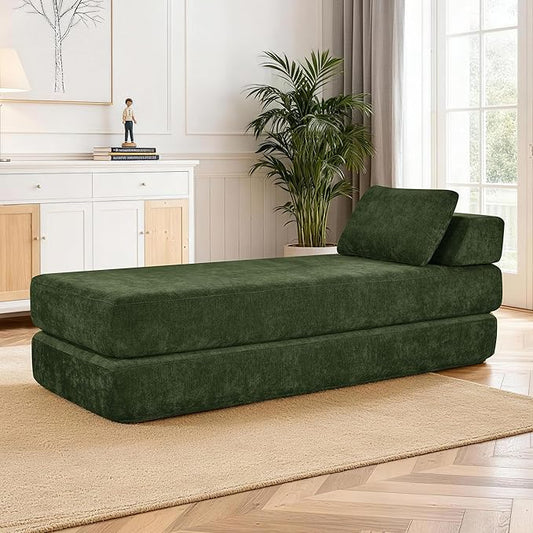 Convertible Chaise Lounge Chair Indoor Boneless Cloud Couch with 2 Pillows Sleeper Sofa for Living Room Bedroom Reading Nook- No Need Assembly (Green)