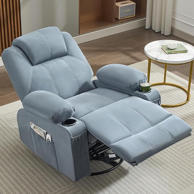 Swivel Rocker Recliner Chair with Heat and Massage Big Oversized Rocking Single Sofa for Living Room 360 Degree Swivel Recliner Chair with USB Port and Cup Holders (Fabric Blue)