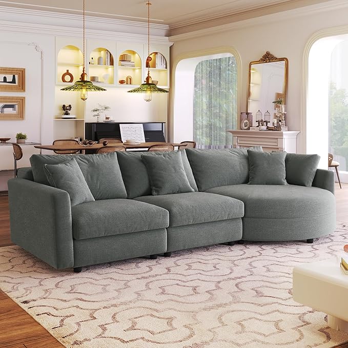 105 Modern Modular Sectional Sofa Chenille Fabric 3-Piece Sectional Sofa with Curved Chaise and 3 Throw Pillows Perfect for Living Rooms Offices and Apartments (Grey102)