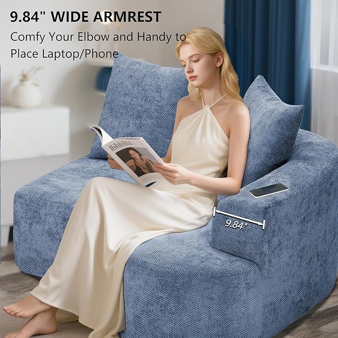 L Shaped Single Sofa Modern Comfy Chenille Fabric Loveseat Couch No Assembly Required Small Couch with Deep Seat 2 Pillows for Living Room Apartment Bedroom