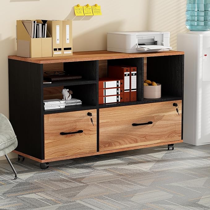 2 Drawer Wood Mobile Large Lateral File Cabinet Lockable Rolling Filing Cabinet with Storage Shelves Printer Stand Office Storage Cabinet for Home Office Fits Files Legal/A4 Rustic Brwon