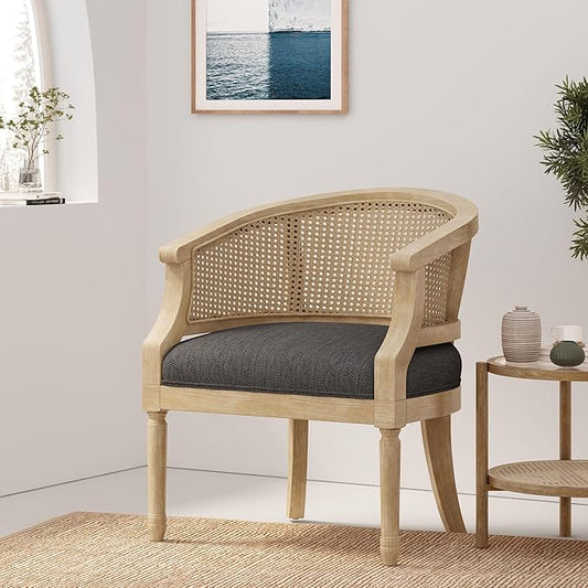 French Country Accent Chair for Living Room Mid Century Modern Reading Armchair with Cushion and Slender Turned Legs Single Sofa Chair with Rattan Backrest for Bedroom Club Charcoal