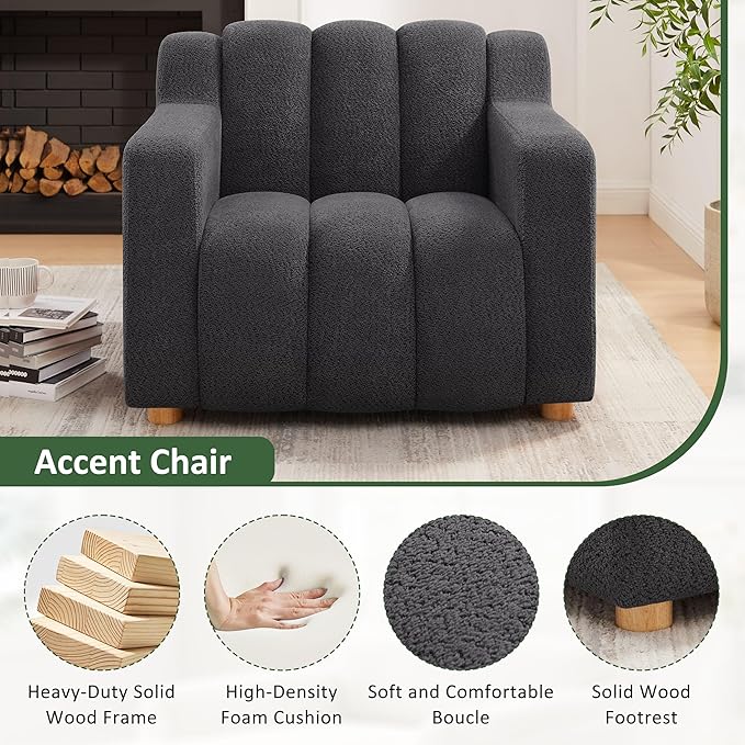 VANOMi Oversized Accent Chair Modern Living Room Chairs Comfy Boucle Fabric Upholstered Armchair for Bedroom Office Waiting Room (Dark Gray)