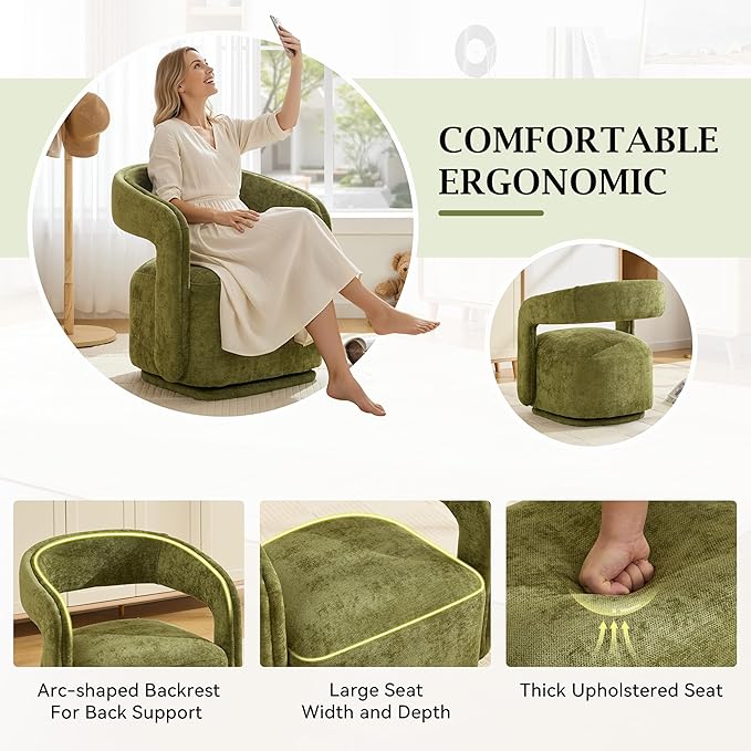 KEIKI Swivel Accent Chair Modern Barrel Chair for Lounge/Balcony 360° Rotation Ergonomic Design Easy Assembly Comfy Chenille Fabric