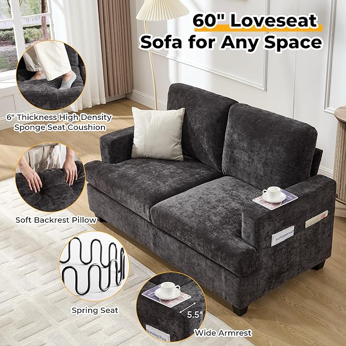 Loveseat Sofa 60 Chenille Couch with Side Pocket Removable Pillow and Cushion Cover 2 seat Couches Comfy Modern Small Couch for Living Room Small Spaces Dorms Office Dark Grey