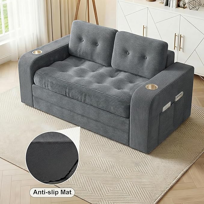 55 Futon Sofa Bed 4‑in‑1 Convertible Sofa Bed Folding Boneless Couches for Living Room Fold Out Small Foldable Loveseat Floor Sleeper Comfy Mattress Lounge Space‑Saving Grey