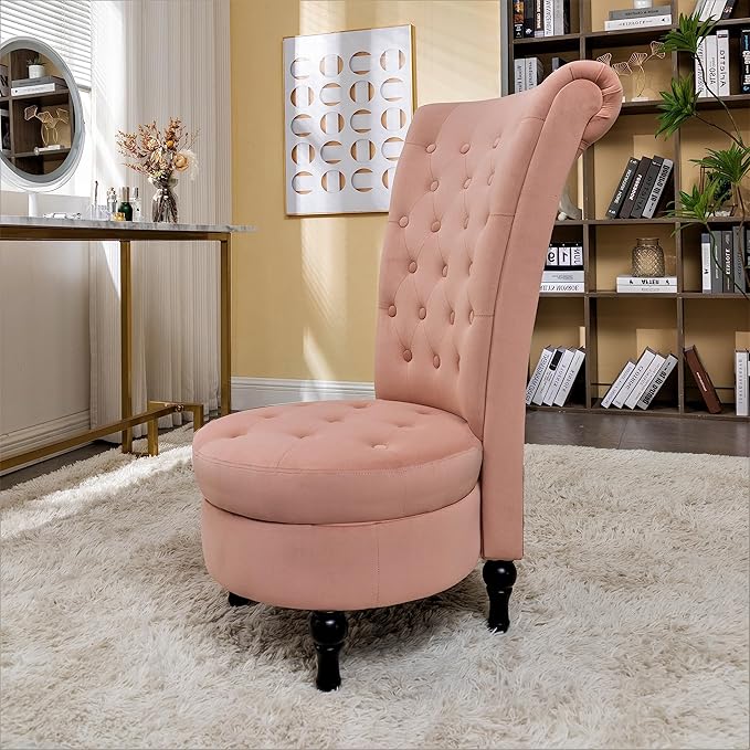Royal High-Back Velvet Accent Chair for Vanity with Storage and Luxurious Upholstery Retro Design and Versatile Usage for Living Room Bedroom Lounge and Office Rose