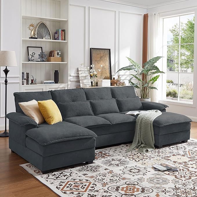 110 Sectional Couches for Living Room 4 Seat U Shaped Couch with Double Chaise Modular Cloud Sofa Removable Cover Modern Comfy Sofa for Home Furniture Office and Basement