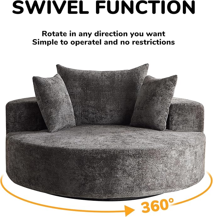 Oversized 360° Swivel Accent Chair for Living Room Modern 55’’ Comfy Chenille Extra Wide &amp Deep Seat Round Barrel Chair with Overstuffed Cushions No Assembly Needed Obsidian Black