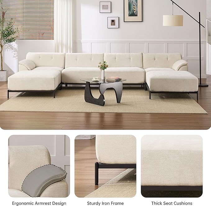 VKNOW 106 Couches for Living Room Modular Sectional Sofa with Wide Armrests and Solid Iron Frame Compressed Couch for Living RoomOfficeChenille FabricBeige