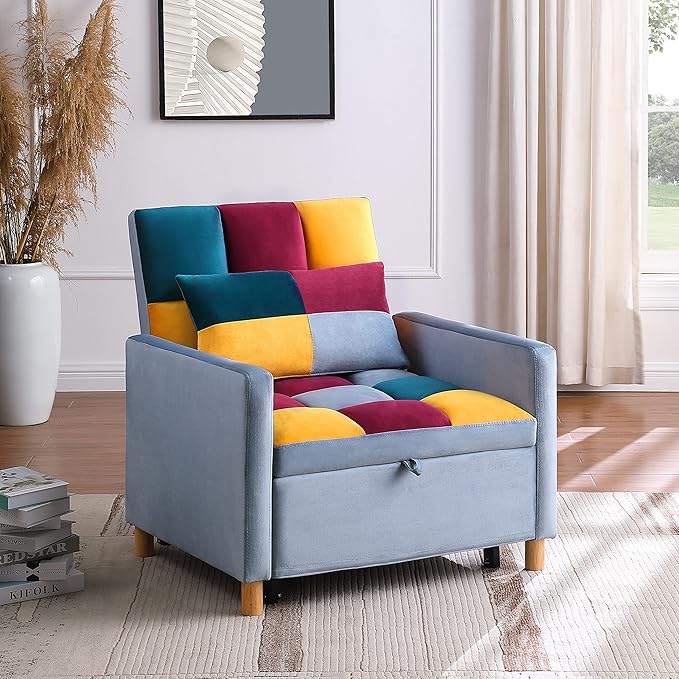 3-in-1 Convertible Chair Bed Single Sofa Bed with Adjustable Backrest Lounger for Living Room (Rainbow)