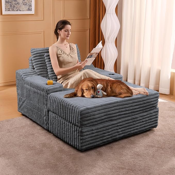 Garvee Grey Oversized Chaise Lounge Chair Indoor with Storage Ottoman Upholstered Corduroy Sofa Bed Cloud Couch with 3 Pillows Single Sleeper Sofa Chair for Living Room Bedroom