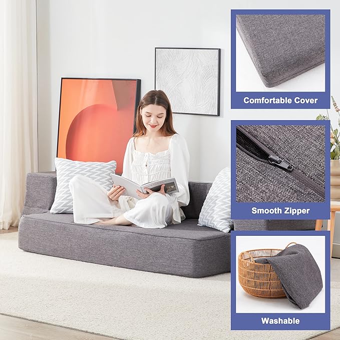 Floor Sofa Bed Convertible Sleeper Lounge Couch Folding Mattress with 2 Pillows &amp Washable Cover for Living Room Guest Playroom Queen
