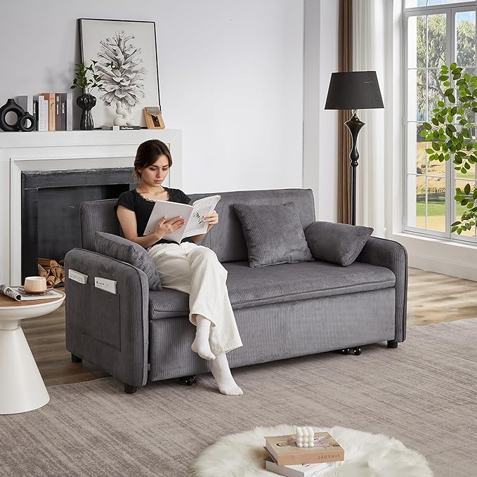 Ball &amp Cast 66 Convertible Sofa Bed3-in-1 Corduroy Loveseat Sleeper Pull Out Couch Bed with Pillows and Side Pockets Deep Seat Comfy Sofa Couches for Living RoomApartmentGrey