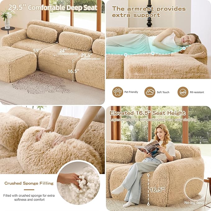 Boneless Couch Sectional Couches for Living Room 149'' Modular Sectional Sofa with Pillows Comfy Plush Cloud Couch with Deep Seat Oversized 4-Seater Modular Couches Light Khaki