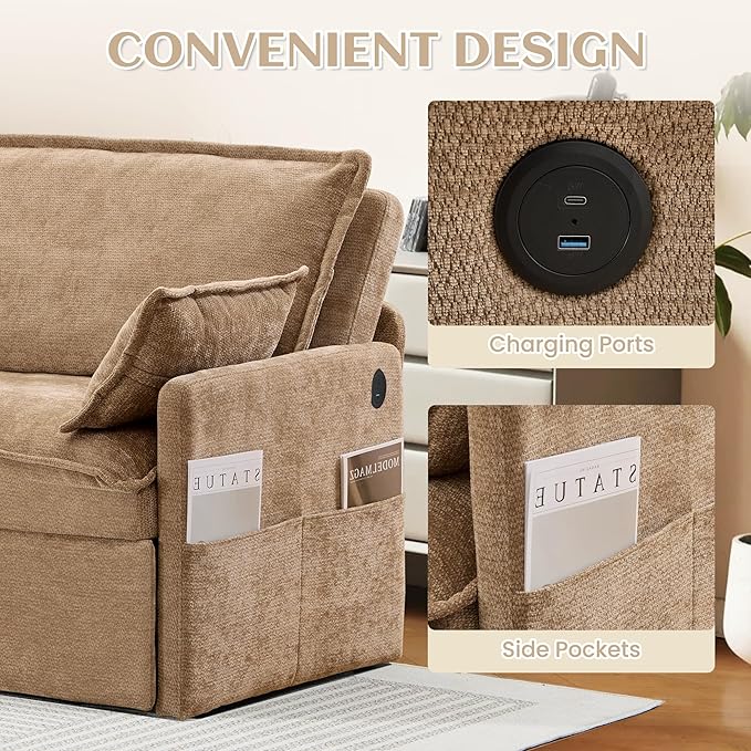 SUNWAVE 60 Queen Pull Out Sofa Bed - Convertible Sleeper Sofa Bed Chenille Loveseat Pull Out Couch with USB Charging Side Pockets for Living Room Bedroom Small Spaces (Brown 60)