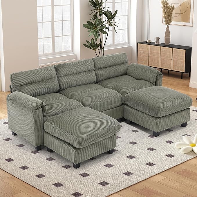 87 Modular Sectional U Shaped Sofa with 2 Movable Ottoman Corduroy 5-Seater Couches with Thick Cushion for Living Room Green