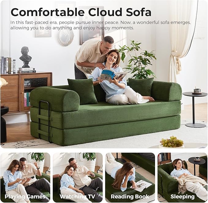 5-in-1 Reinforced Folding Sofa Bed | 79 Steel Support Frame with High-Resilience Memory Foam | Sturdy &amp No Tools Needed for Family Living Room (Green)