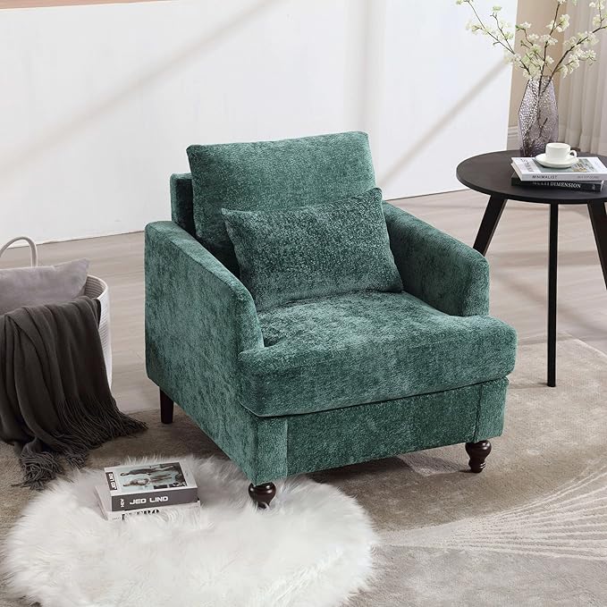 Modern Accent Chair 29'' W Comfy Chenille Tufted Lounge Armchair for Living Room Upholstered Mid Century Reading Nook Chairs Single Sofa Chair Solid Wood Frame (Emerald)