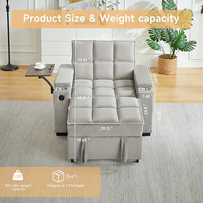 Large Size Convertible Sleeper Chair Futon Sofa Bed Comfortable Thick Cushion Single Sleeper Sofa Handheld Storage and Adjustable Backrest | Reading Chair with Rotating Small Table (Khaki)