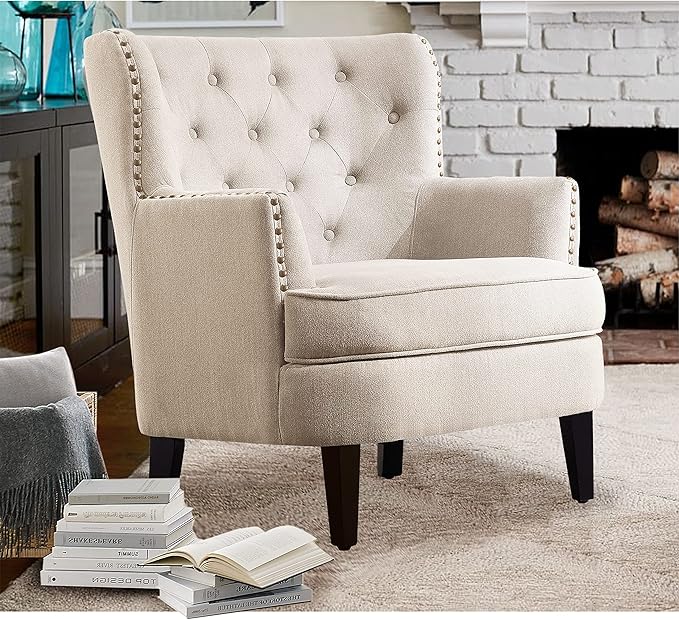 Rosevera Accent Chair and Ottoman Set - Button Tufted Armchair for Living ROM Bedroom Reading - Mid-Century Modern Lounge Chair Set - Beige