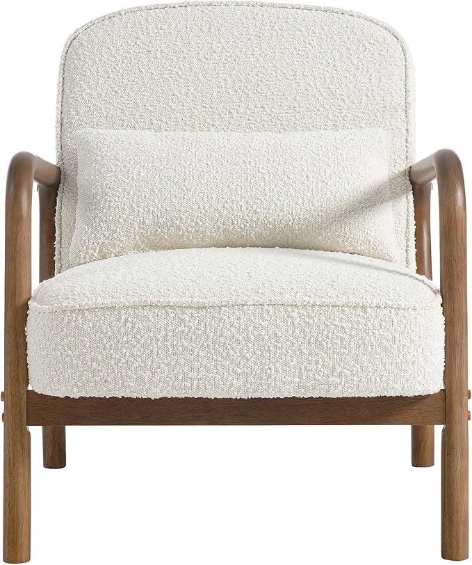Modway Charlie Boucle Upholstered Wood Accent Armchair in Ivory – Mid-Century Modern Chair with Cushion – Cozy Reading Chair with Solid Wood Frame – Fabric Upholstered Armchair for Living Room