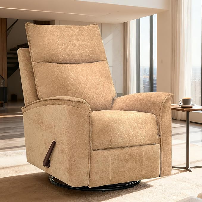 Swivel Rocker Recliner Chair for Adults Rocking Chair Small Swivel Recliner for Small Spaces Living Room Bedroom RV(Khaki)