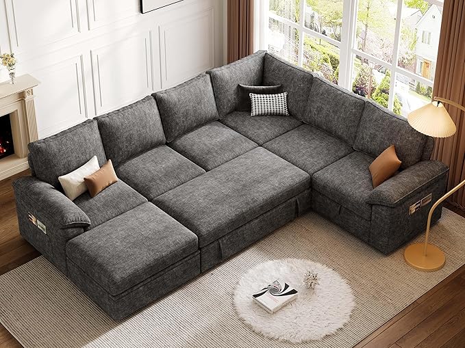 108 Inch Sectional Sleeper Sofa with Pull Out Bed U Shaped 7 Seat Modular Sectional Sofa with Storage Sectional Couches for Living Room Cloud Modular CouchRemovable Sofa Cover Dark Grey