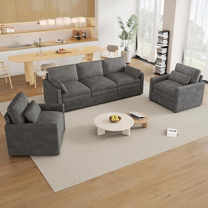 3-Piece Cozy Upholstered Sofa Set Upholstered Sofa Set with 2 Single Sofa Oversized Comfy Cloud Sofa for Living Room Office Apartment (Grey-6c)