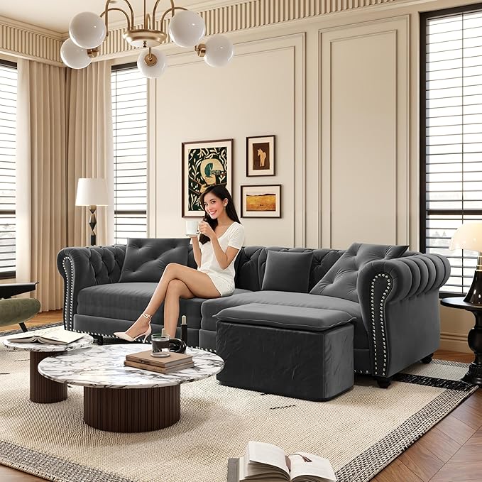 3-in-1 Pull Out Sofa Bed - 89 King Size Convertible Sleeper Sofa Large Velvet 3-Seater Sofa with Movable Ottoman Sleek Rivet Detailing Tufted Design Pull Out Couch (Gray)