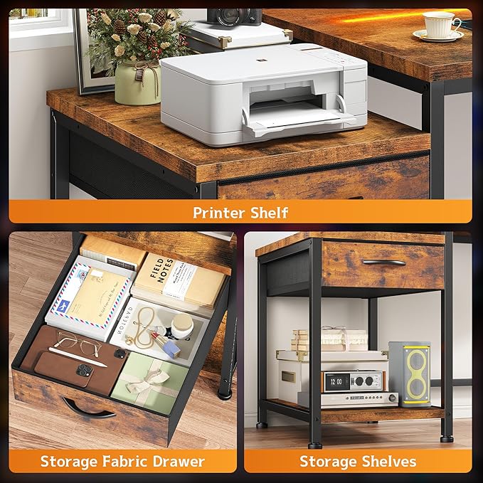 56 Inch Computer DeskReversible Office Desk with LED Lights &amp Power OutletsWriting Desk with Wide Tabletop for StudyWritingDesk with Drawers &amp Printer Shelf for StorageCraftRustic Brown