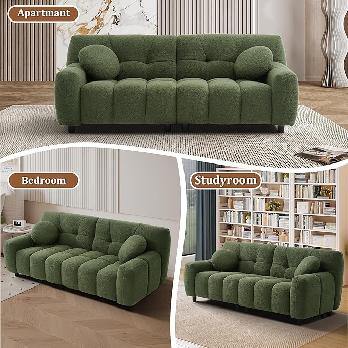 73 Boucle Cloud Sofa Couch with 2 Soft PillowsComfy Upholstered Teddy 2 Seater LoveSeat SofaModern Deep Seat Sherpa Cloud Couch Oversized Loveseat for Living Room Bedroom ApartmentOlive Green