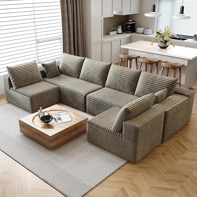 139.4 U Shaped Cloud Sectional Sofa for Living Room Plush Corduroy Cover Fluffy Memory Foam Cushions No Assembly Required Modular Chaise Lounge Oversized Comfortable Couches Set Camel