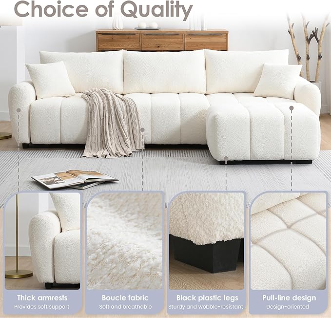 110 Modular Sectional Sofa L Shape with Extra-Large Seat Pull-line Design Movable Ottoman High Density Foam Free Combination Sturdy Metal&ampWood Frame Boucle Fabric Beige