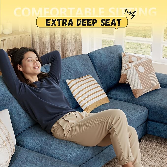 JUMMICO Sectional Couches for Living Room U Shaped Couch with Chenille Fabric 4 Seat Modern Sofa with Removable Pillows for Apartment and Small Space (Fabric Blue)