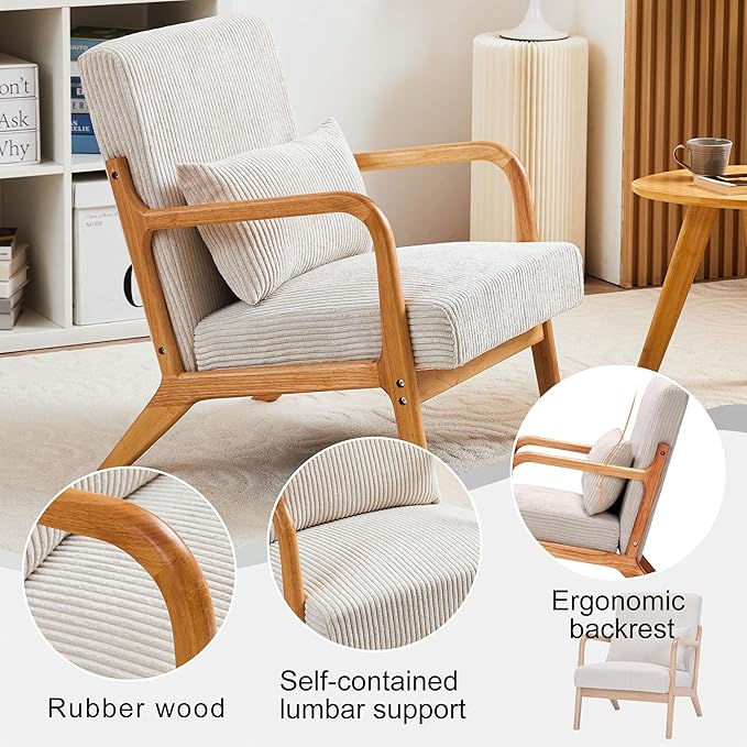 Mid-Century Modern Accent Chair with Solid Wood Frame and Upholstered Pillow - Ergonomic Armchair for Living Room Bedroom and Balcony (Set of 2 Beige)