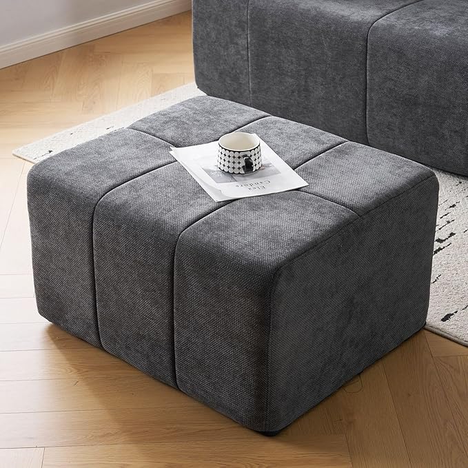 Square Stuffed Pouf OttomanChenille Poufs with Foam Chunk Filling27.9 X 16.1 Floor Poufs for SofaAccent Foot Rest Stool for Living RoomBedroomGrey