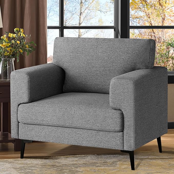 Oversized Accent Chair Upholstered Living Room Chairs Single Sofa Chair w/Metal Legs Comfy Linen Fabric Reading Lounge Armchair for Apartment Bedroom Office Dark Grey 1PC