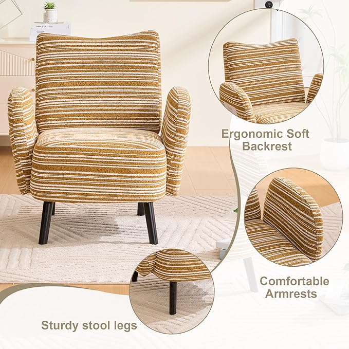 Modern Upholstered Armchair with Side Storage Pocket Fabric Reading Chair with Solid Wood Legs Ergonomic Accent Chair for Living Room Bedroom &amp Office (Yellow)