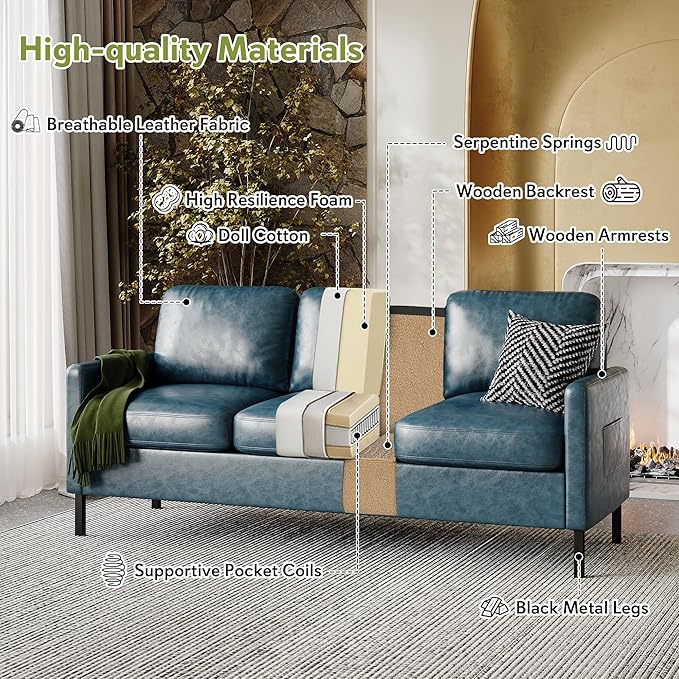 STHOUYN 73 W Faux Leather Couch w/ 2 USB Leather Sofa w/Side Pockets Wooden Frame 3 Seat Couch for Livingroom Office Apartment