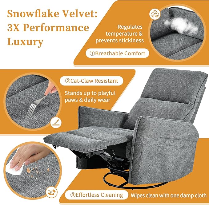 Power Swivel Rocker Recliner Chair for Nursery Upholstered Snowflake Velvet 270°Swivel Glider Rocker Chair with USB Ports Small Power Recliners for Small Spaces Living Room