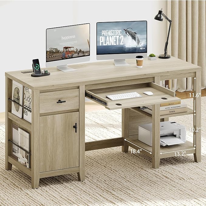 58 Office Desk with Drawers Charge Station and Foldable Keyboard Tray Farmhouse Wooden Home Computer Desk with Storage Cabinet and 3 Magazine Rack for Home Office and Study Natural Birch