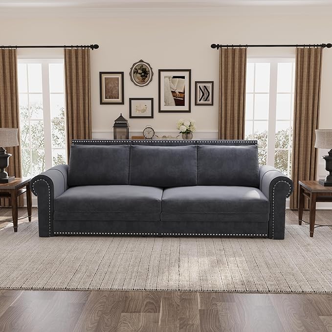 KEIKI 94 Velvet Chesterfield Convertible Sofa Bed King 3-in-1 Pull Out Sleeper Sofa with Rolled Arms &amp Nailhead Trim Upholstered 3-Seater Couch for Living Room Bedroom or Office Slate Gray