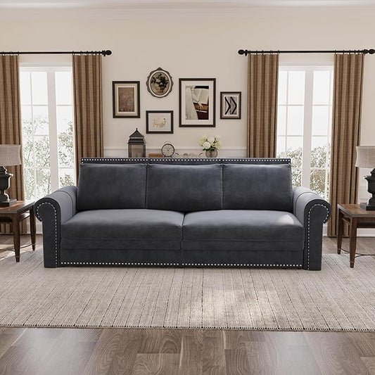 Eafurn 93.7 King Size Pull Out Sofa Bed 3-in-1 Convertible Sleeper Sofa Couch Bed with Nailhead Decor and Rolled Arms Velvet Oversized Chesterfield Loveseat Chaise Lounge