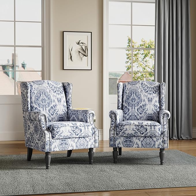 Lumibee High Back Accent Chair Set of 2 Armchair in FabricComfy Upholstered Wingback Single Sofa Reading Chairs with Solid Wood Legs for Living RoomBedroomOffice-Navy