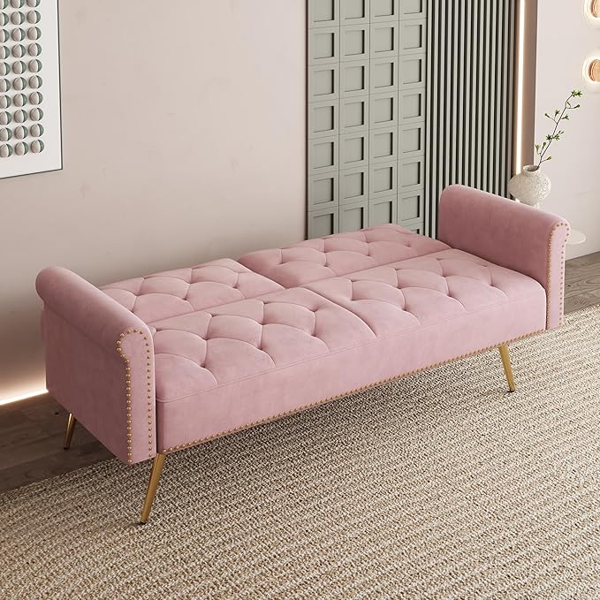 Modern Velvet 2 in 1 Futon Sofa BedConvertible Folding Sleeper Bed Couches with 2 Pillows63 Tufted Recliner Love Seat with Golden Chrome Legs for Living Room Apartment Office (Pink-New)