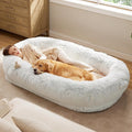 Bedsure Calming Human Dog Bed 71 x 44 x 12 Giant Human Dog Bed for Adults People Fits Pet Families with Storage Pocket Fluffy Faux Fur Orthopedic Pet Bean Bed Frost Grey