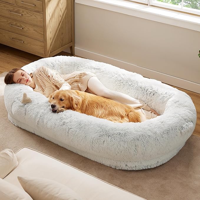 Bedsure Calming Human Dog Bed 71 x 44 x 12 Giant Human Dog Bed for Adults People Fits Pet Families with Storage Pocket Fluffy Faux Fur Orthopedic Pet Bean Bed Frost Grey