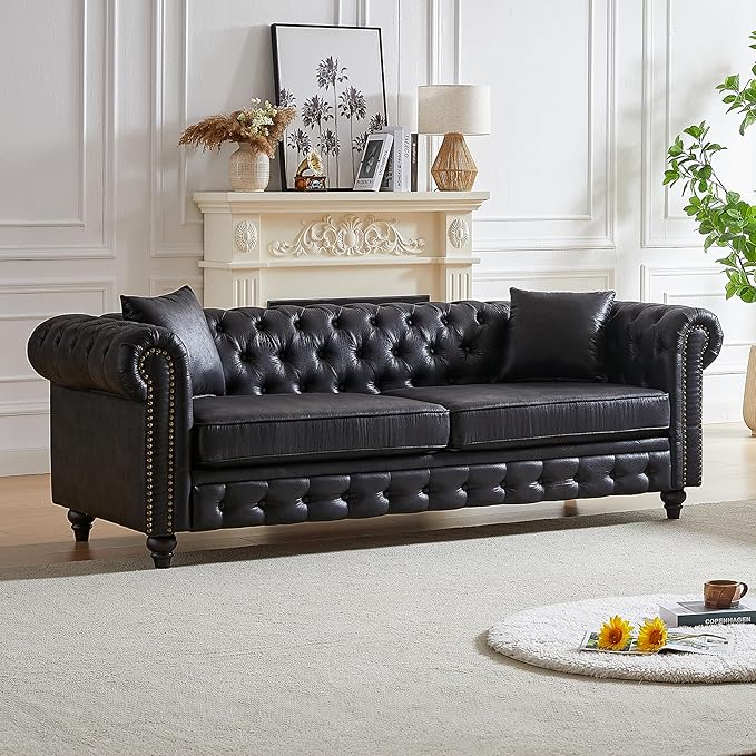 KEIKI Chesterfield Sofa Retro Style Upholstered 3+3 Seats Tech Fabric Couch with Rolled Arm for Living Room Bedroom Office Black