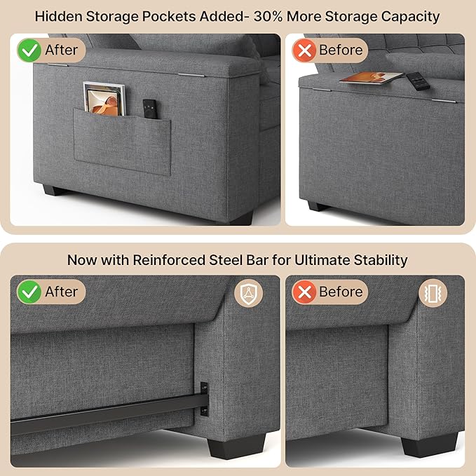 Gizoon 3 in 1 Convertible Sofa Bed Queen 63.6'' Pull Out Couch with Storage Armrests Sofa Cama Adjustable Backrest &amp Pockets Linen Loveseat Sleeper for Small Apartment Living Room Dark Grey